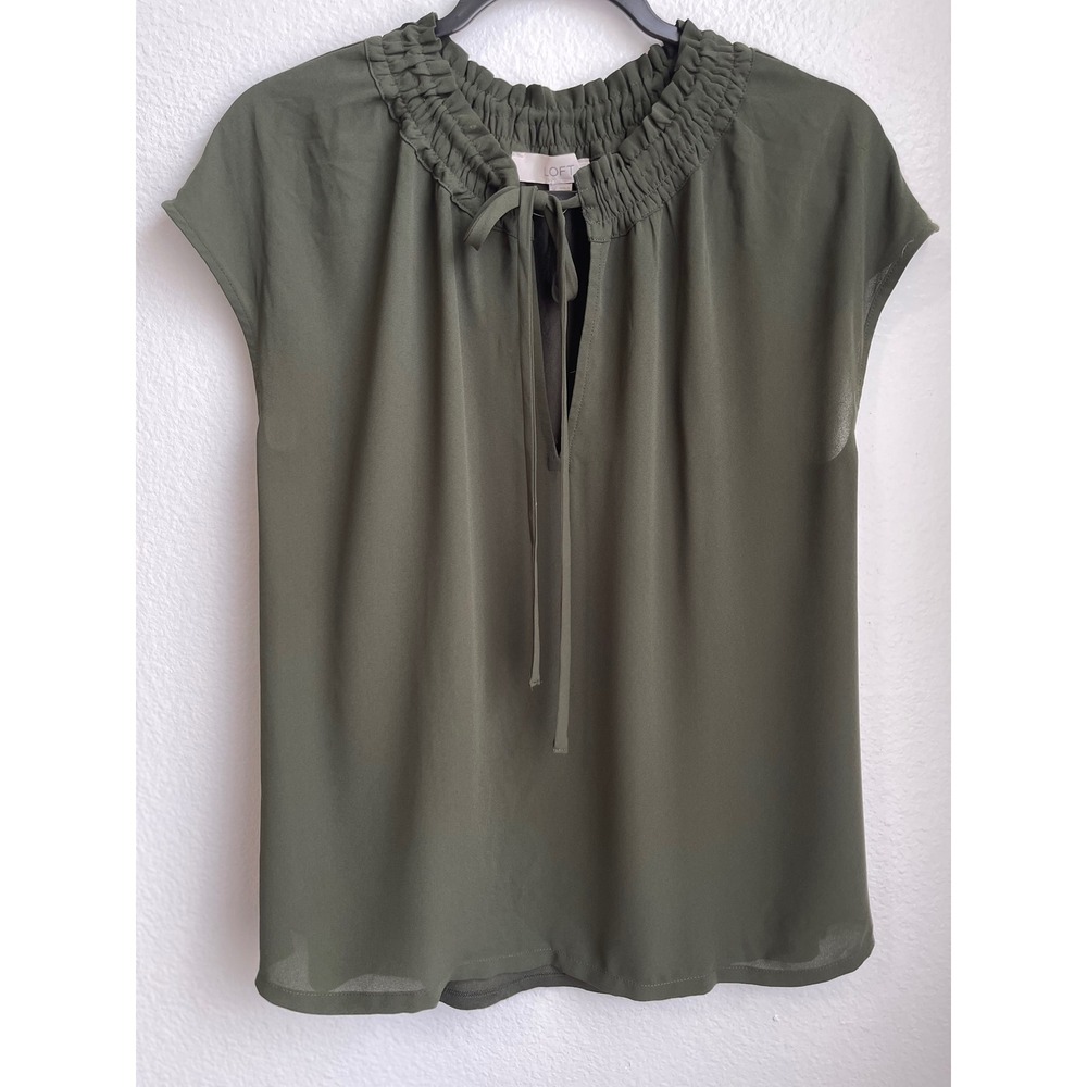 LOFT Womens Olive Green Smocked Tie Neck Mixed Media Cap Sleeve Blouse Medium